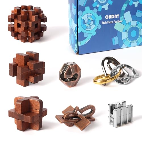CUDNY 7 Pieces Cool Unlock Interlock Brain Teaser Puzzles Retro Wooden and Metal Puzzles IQ Logic Fun Puzzle Box Challenge Game - style: Set C