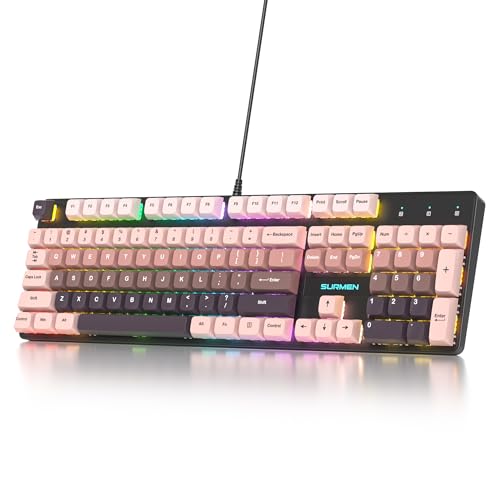 surmen Wired Mechanical Keyboard Full-Size,104-Key RGB Thocky Keyboard with Number Pad USB Retro Brown PBT Keycaps for Win Gaming/Office (104 Heimei) - color: 104 Heimei