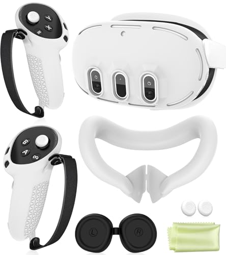 Silicone Cover Set Compatible with Meta Oculus/Quest 3, VR Accessories Protective Cover Includes Controller Grips, Front Shell Headset Cover and Face Cover, Not Fit Quest 3S (White) - color: White