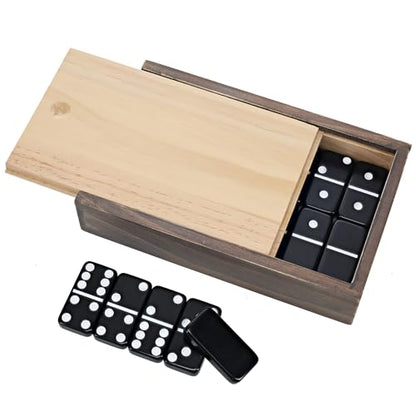 WE Games Double 6 Black Dominoes Set in Wooden Storage Case with Sliding Lid, Travel-Sized Domino Game for Adults