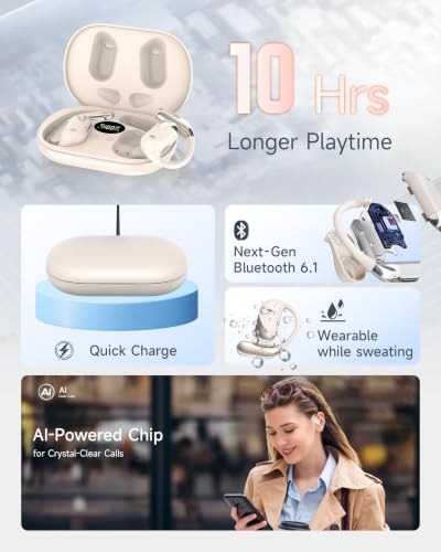 Ultra Open Ear Headphones, Over Ear Bluetooth Bone Conduction Earbuds | Bluetooth 6.1, LED Digital Display, 60H Playtime, IP55 Waterproof, Secure Earhooks for Running, Cycling & Workout - color: Light khaki