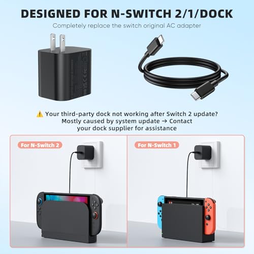 Switch 2 Charger with 3.3FT(1M) Charging Cable - 60W AC Power Adapter Support 4K TV Dock Mode, Power Supply 20V/3A Fast Cord for Switch/OLED/Lite&Steam Deck/Xbox 360 Console - Original Quality(3.3FT) - size: 3.3FT