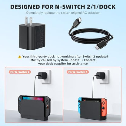 Switch 2 Charger with 3.3FT(1M) Charging Cable - 60W AC Power Adapter Support 4K TV Dock Mode, Power Supply 20V/3A Fast Cord for Switch/OLED/Lite&Steam Deck/Xbox 360 Console - Original Quality(3.3FT) - size: 3.3FT