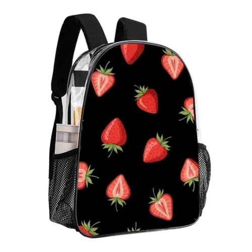 Large Clear Stadium Backpack Mesh Side Pockets Zipper Compartments | Stadium Approved, Strawberry Red Black, PVC See Through Bag, for Sand Water Towels - color: Pattern (334)