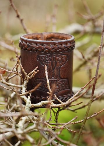 Ulfberth - Viking dice Cup with Embossed Motif - Genuine Leather - Medieval Leather Cup with Engraving (Thor's Hammer Style, Brown) - color: Thor's Hammer, Brown