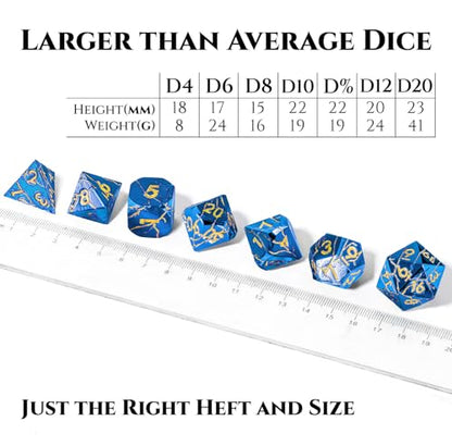 Metal Dice for DND - Ancient Cracked Lightning – Blue Gold Cracks | Beautiful 7pc Polyhedral Dice Set, Smooth Rolling, Role Playing Games (RPG), Compatible with D&D, for Dungeons and Dragons - color: Metal Blue Gold Lightning