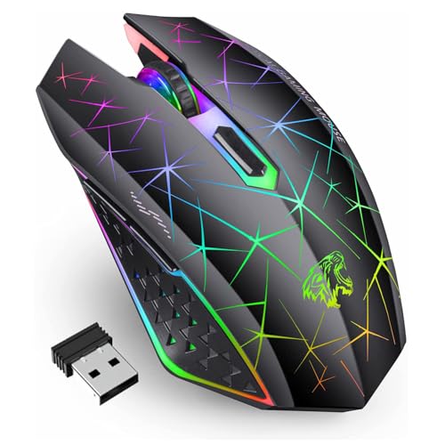 TENMOS V7 Wireless Gaming Mouse,Rechargeable LED Wireless Mice Silent-Black | 2.4GHz Optical, Quiet Click, Rainbow LED Light, Nano Receiver, 2400DPI, Ergonomic, Side Button, Cordless,for Laptop/PC/Mac