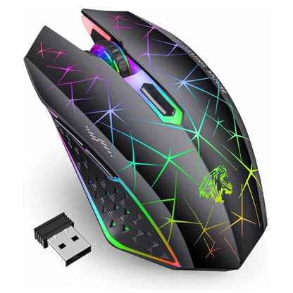 TENMOS V7 Wireless Gaming Mouse,Rechargeable LED Wireless Mice Silent-Black | 2.4GHz Optical, Quiet Click, Rainbow LED Light, Nano Receiver, 2400DPI, Ergonomic, Side Button, Cordless,for Laptop/PC/Mac