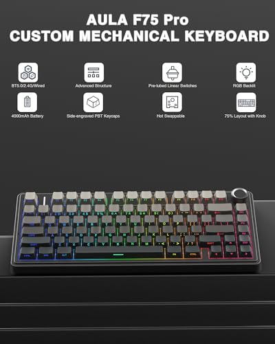 AULA F75 Pro Wireless Mechanical Keyboard,75% Hot Swappable Custom Keyboard with Knob,RGB Backlit,Pre-lubed Reaper Switches,Side Printed PBT Keycaps,2.4GHz/USB-C/BT5.0 Mechanical Gaming Keyboards - color: F75 Pro-Black