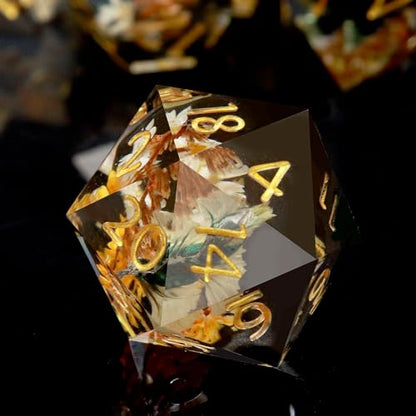 Haxtec Flower DND Dice Set Sharp Edge Resin Polyhedral Dice, Floral D&D Dice with Metal Case, Handmade Flower Inside Dice Set for Dungeons and Dragons TTRPG, Winter Black DND Gift - color: Black