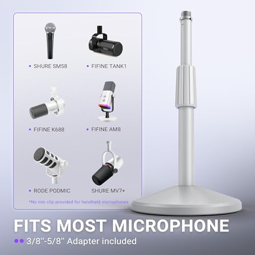 FIFINE BS2W Height-Adjustable Desktop Microphone Stand for Podcast | Tabletop Stand, Weighted Slope-base, 3/8'' to 5/8'' Screw Adapter, for Podcast Streaming Gaming - color: white