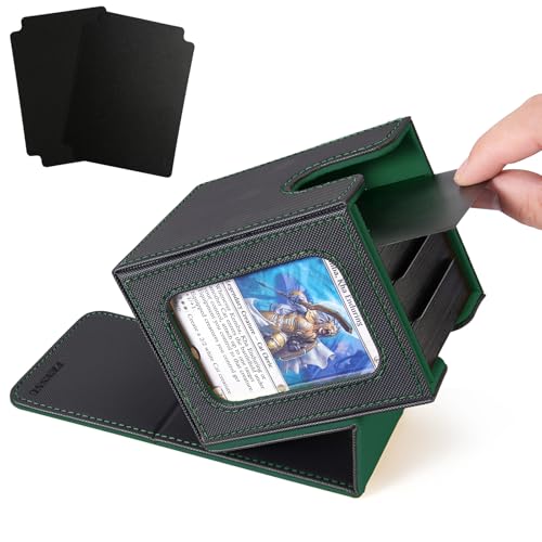 MTG Deck Box with Commander Display Window (Black&Green, 1 window) | Holds 120 Single/100 Double-Sleeved Cards, Fit MTG/PTCG/OPTCG Cards, Strong Magnet, PU Leather, With 2 Dividers & 1 Toploader - color: Black and Green