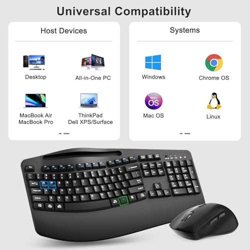 Wireless Keyboard and Mouse Combo, Full Size Ergonomic Wave Keys(Black) | 2.4G Ergonomic Keyboard with Wrist Rest, Phone Holder, 3-Level DPI Silent Mouse with 6-Buttons, for Windows/Mac OS/Laptop/PC - color: Black