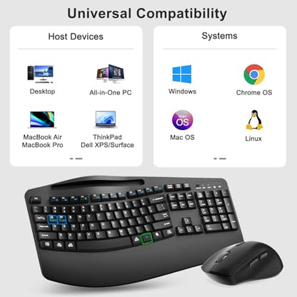 Wireless Keyboard and Mouse Combo, Full Size Ergonomic Wave Keys(Black) | 2.4G Ergonomic Keyboard with Wrist Rest, Phone Holder, 3-Level DPI Silent Mouse with 6-Buttons, for Windows/Mac OS/Laptop/PC - color: Black
