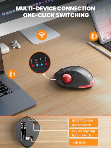 Wireless Trackball Mouse, Adjustable Angle, Rechargeable, Backlit-Red Ball | MAM1 Pro Ergonomic Mouse Rollerball Thumb mice with 5 Level DPI, 3 Devices Connection (USB & Bluetooth ) for PC, Windows - color: Red Ball
