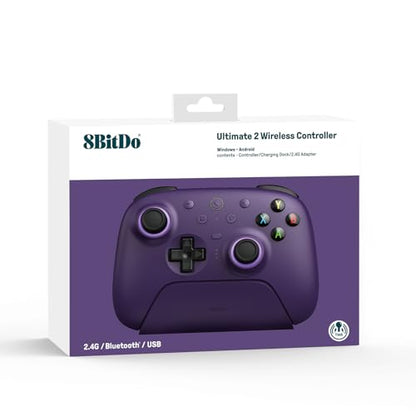 8BitDo Ultimate 2 Wireless Controller for Windows PC, Apple, Steam & Android, Gaming Controller with TMR Joysticks, Hall/Tactile Triggers, Motion Control, RGB Fire Ring, 1000Hz Polling Rate, Purple - color: Purple