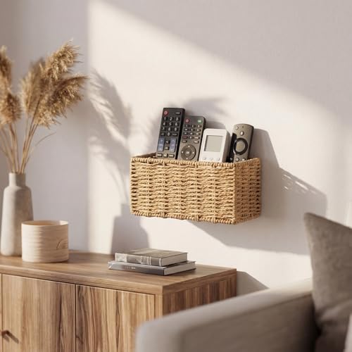 Woven Paper Rope Remote Control Holder Organizer Handmade Wall Hanging Remote Storage Basket with Hooks Boho Farmhouse Wall Organizer for Living Room Bedroom Office Dorm Decor