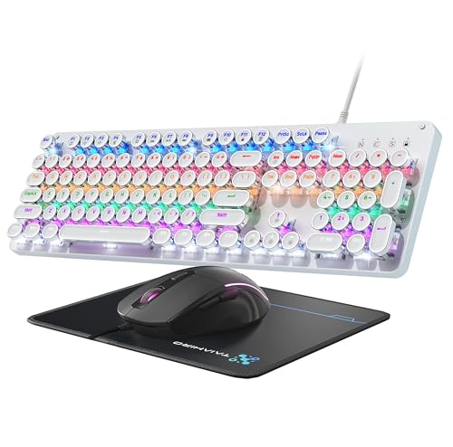 Typewriter Mechanical Gaming Keyboard and Mouse, Metal Panel Retro Keyboards with Round Keycap Blue Switch, Rainbow LED Backlit 104-Key Anti-Ghost Wired Mouse and Pad Combo for PC Laptop Mac Gamer - color: Metallic White