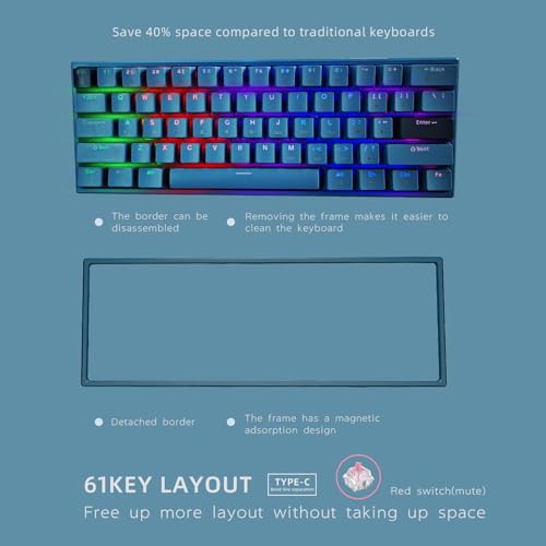ONE-UP Portable 60% Mechanical Gaming Keyboard, LED Backlit Compact 61 Keys Mini Wired Office Keyboard with Red Switch, for Windows Laptop PC Mac - Black/Grey（Pale Blue）【Red Swich】 - color: Pale Blue
