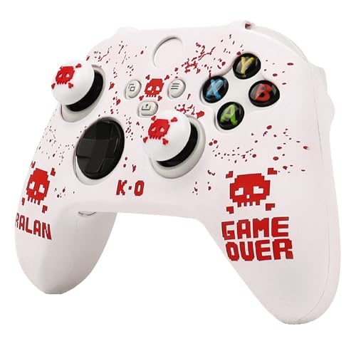 Pixelated Skull Controller Skin Compatible with Xbox Series X Wireless Controller, RALAN Protector Case， Customised Thumb Grips Cap - color: Pixelated Skull White Red