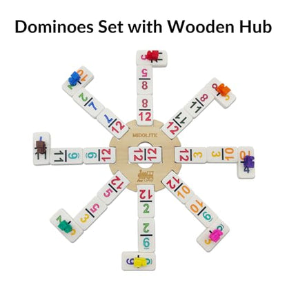 Mexican Train Dominoes Set with Numbers and 8 Wooden Racks, Double 12 Domino Travel Set with Wooden Hub, 91 Colored Domino Tiles Game Set with for Family Game Night - style: 8 Racks