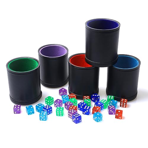 5 Pack PU Leather Dice Cups Velvet Felt-Lined Shaker Cups with 30 Dot Dice for Bar Party Yahtzee Farkle Dice Games - color: Multiple