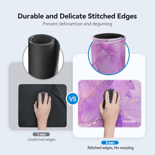 TECKNET Mouse Pad with Anti-fray Stitching, Waterproof Surface & Non-Slip Rubber Base with Stitched Edges Gaming Mouse Mat for Laptop，Compatible with Laser and Optical Mice - Purple Marble - color: Purple Marble-1 Pack