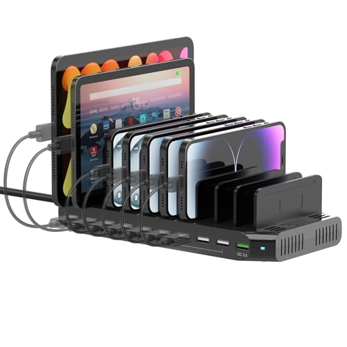 SUIDEK Multi USB Charging Station for Multiple Devices, 60W 10 Ports Multi Charger Station with QC3.0 Port & Adjustable Dividers Compatible with Tablets, Smartphones - color: Black