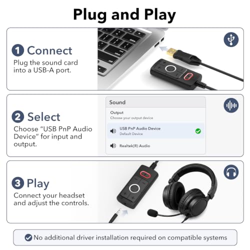 1Mii S03 USB Sound Card, 7.1 Virtual Surround Sound Gaming Audio Adapter, Plug & Play USB to 3.5mm Headphone and Microphone Jack with Volume Control, Mic Mute, for PC, Laptop and Gaming Devices