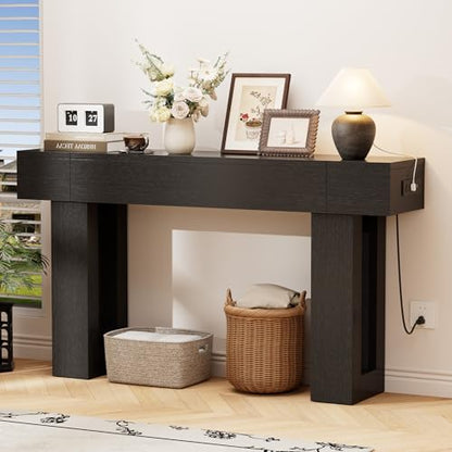 63 Inch Long Console Table w/Outlets & USB Ports, Narrow Rectangular Sofa Table Behind The Couch, Farmhouse Entryway Table for Entrance, Hallway, Living Room(Black with Outlet) - color: Black, style: With Socket