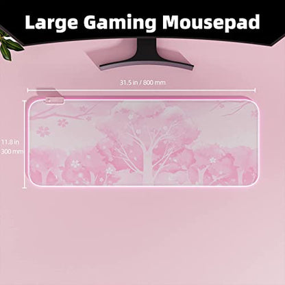 Pink RGB LED Gaming Mouse Pad, 14 Modes Glow Pad, Extra Large Gaming Mousepad,Waterproof Rubber Non Slip Cute Sakura Mat, Extended Big Keyboard and Mouse Pad Mat for Gamer Office Home, XXL 800×300×4mm