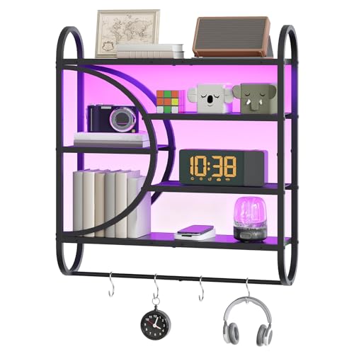 HOOBRO Gaming Floating Shelves with LED Lights, 28.9" LED Wall Mounted Shelf, 5-Tier Display Rack for Wall Storage, Floating Rack with Hanging Rod and 4 S-Hooks, for Game Room, Black BB50DBJ01 - color: Black