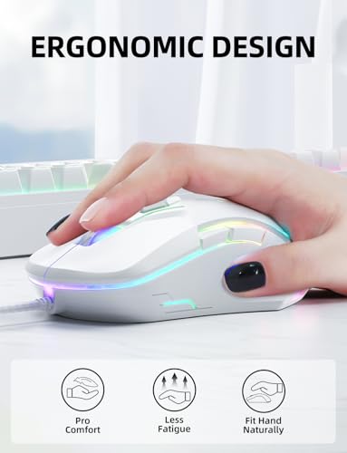 Wired PC Gaming Mouse: High Precision Sensor,RGB Backlit, Adjustable DPI, 7 Buttons Programmable,Ergonomic mice for Office & Gaming on Windows/Mac/Linux/Chrome-White - color: White