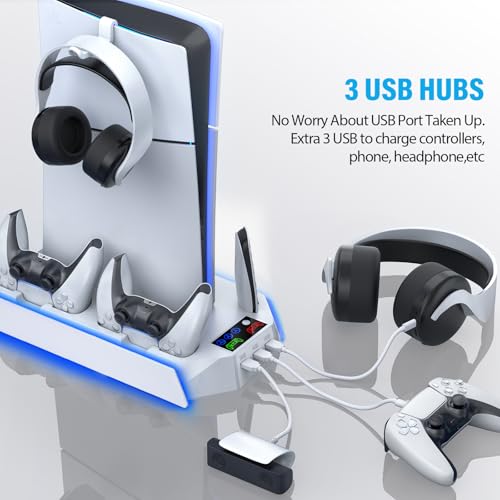 Slim Cooling Station Stand LED with Dual Controller Charging Station for PlayStation 5 Console, PS 5 Accessories Incl. Controller Charger, Cooling Fan, Headset Holder, 3 USB Hub- LED White - color: RGB WHITE