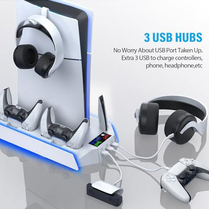 Slim Cooling Station Stand LED with Dual Controller Charging Station for PlayStation 5 Console, PS 5 Accessories Incl. Controller Charger, Cooling Fan, Headset Holder, 3 USB Hub- LED White - color: RGB WHITE