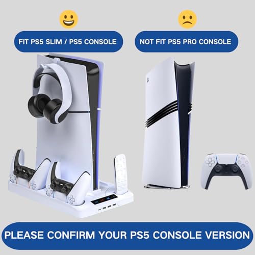 PS5/PS5 Slim Cooling Station, PS 5 Stand with Controller Charger for Playstation 5 Disc Console& Digital Console, for Playstation 5 Cooling Fan Accessories, LED,USB Hubs,Headset Holder,Games Slot