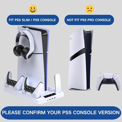 PS5/PS5 Slim Cooling Station, PS 5 Stand with Controller Charger for Playstation 5 Disc Console& Digital Console, for Playstation 5 Cooling Fan Accessories, LED,USB Hubs,Headset Holder,Games Slot