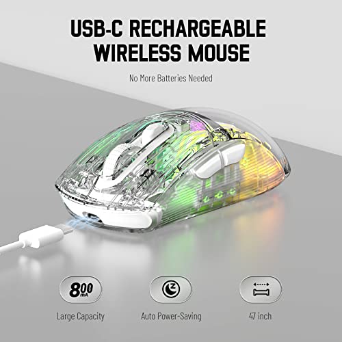 Wireless Gaming Mouse PC Transparent Shell Computer Mice with Dual mode BT5.0/2.4G,PixArt Chip 3D RGB Lighting,Ergonomic 7 Buttons,Rechargeable Mute Mouse for PC Laptop Tablet PS4 PS5 Xbox one - color: White