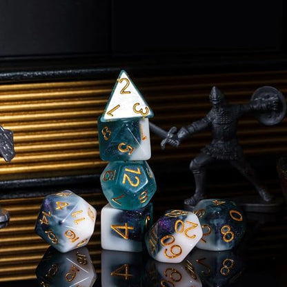 DND Dice Set 7PCS Glitter Polyhedral Dice Set with Storage Bag for D&D Role Playing Games and Tabletop Games (Cyan & White) - color: Glitter-white&cyan