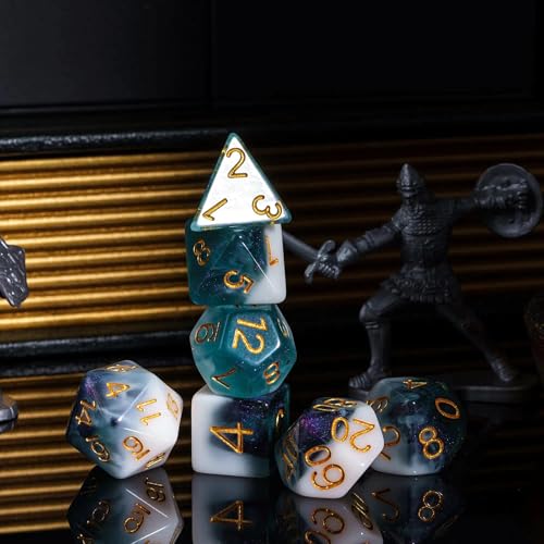 Cyan DND Dice 7PCS Glitter Polyhedral Dice Set for D&D Tabletop Game | Leather Storage Bag, DM Gift, for Dungeons and Dragons Role Playing Games - color: Glitter-white&cyan