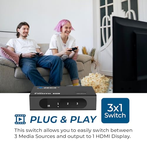 OREI 8K 3-Port HDMI 2.1 Switch, 3-in 1-Out, 8K@60Hz, CEC, HDR, IR Remote | hdmi switch with remote, hdmi switcher 3 in 1 out, 48Gbps, HDCP 2.3, 4K@120Hz/165Hz, PS5/Xbox - size: 3x1 8K HDMI Switch