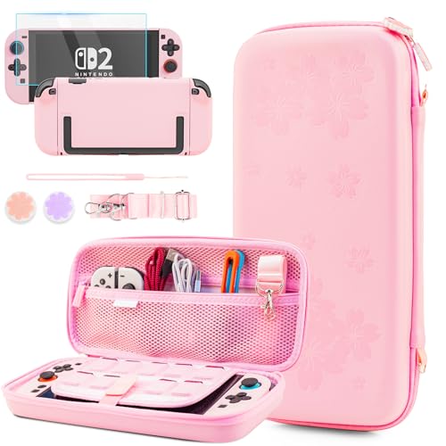 GLDRAM Pink Cherry Blossom Carrying Case for Nintendo Switch 2, Cute Girly Accessories with Sakura Travel Storage Bag, Hardshell Protective Cover, Screen Protector, Shoulder Wrist Strap & Thumb Caps - color: Pink