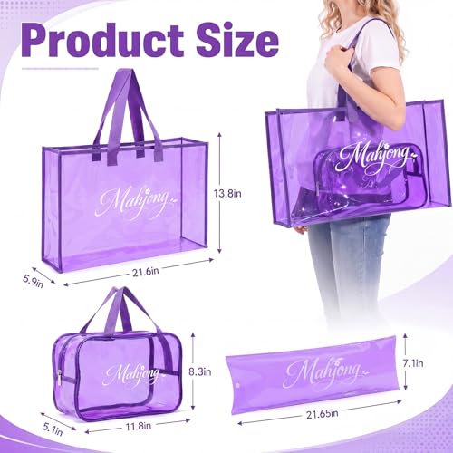 3 Pcs Clear Mahjong Bag Set, Waterproof PVC Tote Bags with Zipper Closure Large Medium Carry Bag with Storage Pouch Transparent Organizer for Mahjong Tiles, Travel,Game(Purple) - color: Purple