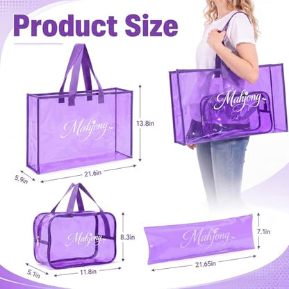 3 Pcs Clear Mahjong Bag Set, Waterproof PVC Tote Bags with Zipper Closure Large Medium Carry Bag with Storage Pouch Transparent Organizer for Mahjong Tiles, Travel,Game(Purple) - color: Purple