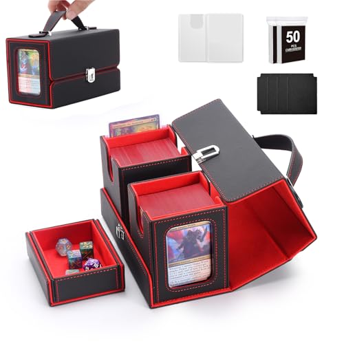 Commander Deck Box for MTG,3 IN 1 Card Storage Box Holds 200+ Double-Sleeved Cards for TCG/PTCG,Card Deck Case with Portable Handle & Display Windows(Black/Red) - color: Black/Red, size: 3 IN 1 + Handle