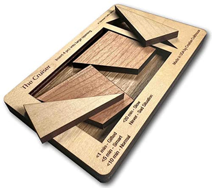 Creative Crafthouse Cruiser Stewart Coffin Wood Brain Teaser Packing Puzzle | Design number 167, handmade in our Hudson, Florida workshop. A challenging 4 piece geometry gift for adults and collectors - style: The Cruiser