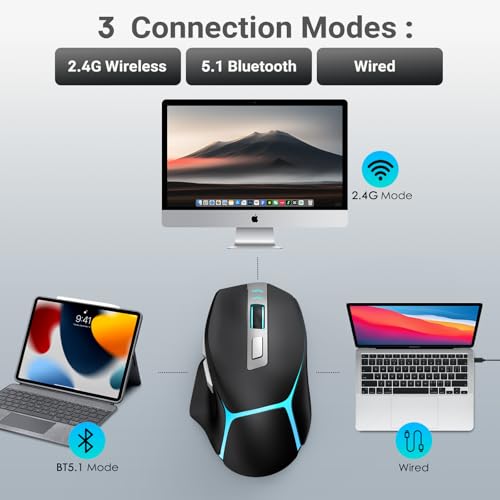 GAMCATZ Bluetooth Wireless Gaming Mouse,12500 DPI RGB Ergonomic Mouse with Tri-Mode (2.4G/USB-C/Wired), Rechargeable Gamer Mice for Computer, Mac, iPad, Laptop & PC (Black) - color: Black