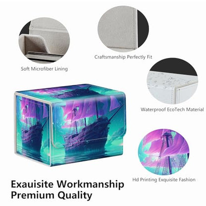 Strong Magnet Card Case Deck Box Mtg Card Box Playing Card Box Magic Deck Box Tcg Up to 200 Cards Creative Pattern Trading Card Storage Box for Collectible Card Games, A Purple Sailing Ship - color: A Purple Sailing Ship
