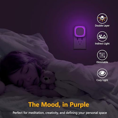 2 Pack Purple Night Light, Gentle Eye-Care with Dimmable Soft Glow & Indirect Reflection, Auto Dusk to Dawn Sensor, Plug in Nightlight for Meditation Corner, Creative Studio, Bedroom, Bathroom | Eye-Care Reflected Glow, Dusk to Dawn Sensor, Auto ON/OFF, L
