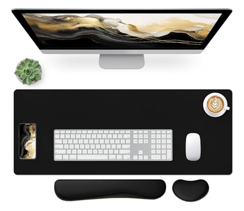 Bloss Leather Desk Pad and Keyboard Wrist Rest, Non-Slip Large Mouse Pad + Keyboard Pad + Mouse Wrist Support, Desk Mat Protector for Office, Home(27.6" x 13.8", Black) - color: Black-wrist Rest, size: 27.6" x 13.8"